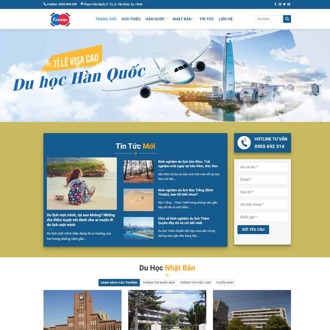 Mẫu Website Công Ty Du Học Hàn Quốc - Tư Vấn Du Học - Cài Đặt Sẵn