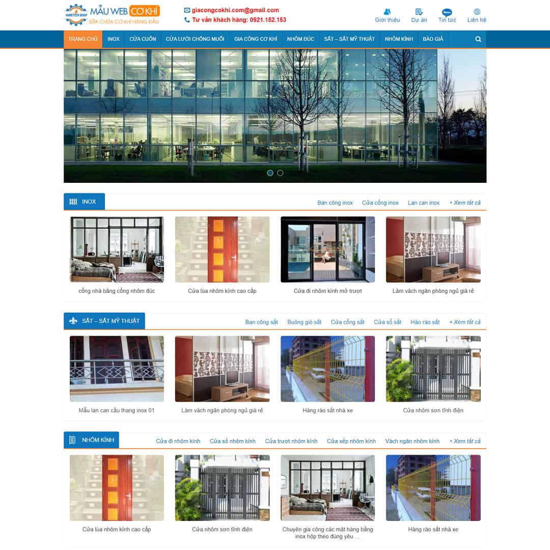 Mẫu Website Cơ Khí Nhôm Kính - Thi Công Lắp Đặt - Cài Đặt Sẵn