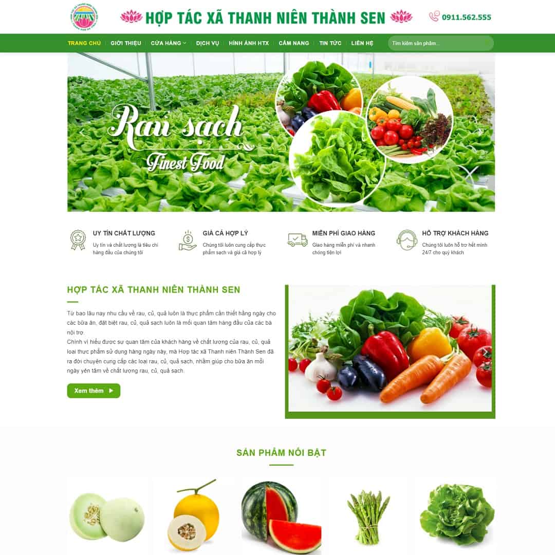 Mẫu Website Hợp Tác Xã Nông Sản Rau Sạch - Thực Phẩm Sạch - Cài Đặt Sẵn
