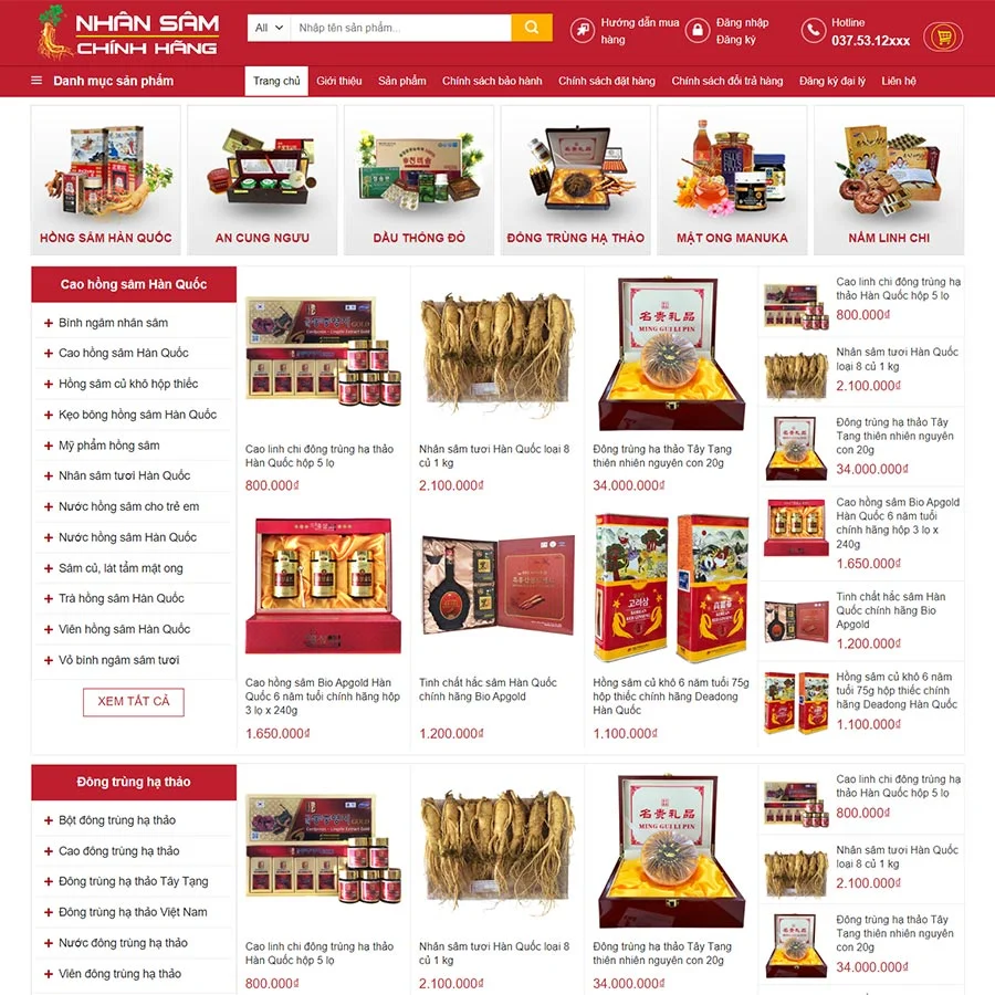 Mẫu Website Bán Nhân Sâm - Thực Phẩm Bồi Bổ - Shop Online - Cài Đặt Sẵn
