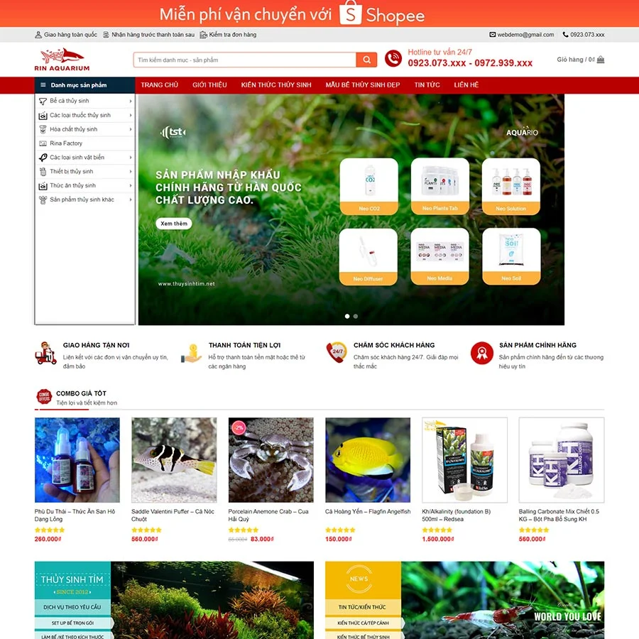 Mẫu Website Thủy Sinh - Cá Cảnh - Shop Online - Cài Đặt Sẵn