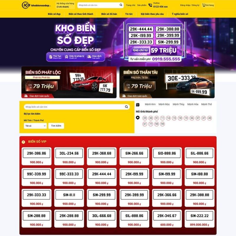 Mẫu Website Mua Bán Biển Số Đẹp - Dịch Biển Số Xe - Cài Đặt Sẵn