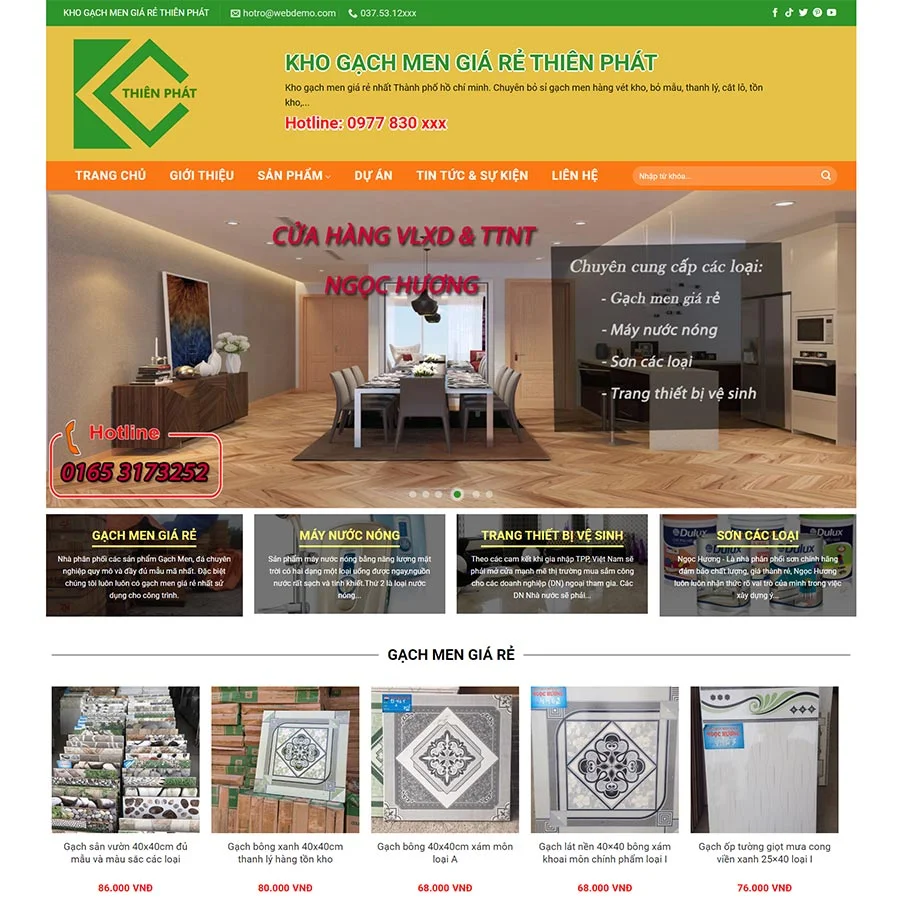 Mẫu Website Kho Gạch Men Giá Rẻ - Vật Liệu Xây Dựng - Shop Online - Cài Đặt Sẵn